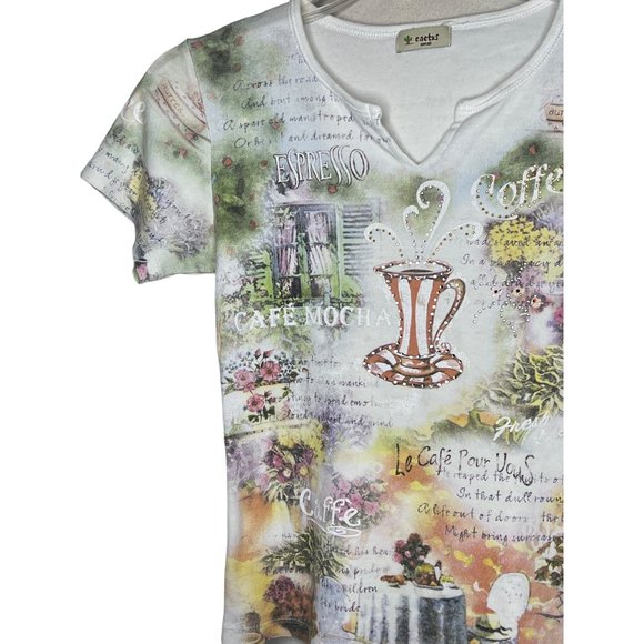 Cactus small jersey T-shirt round neck short sleeve coffee theme sequins bling - Picture 2 of 5